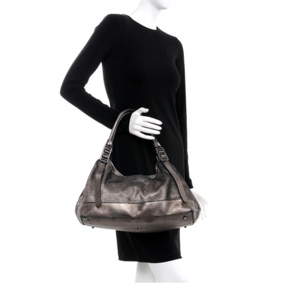 Burberry Nova Check Gunmetal Metallic Shimmer Leather Shoulder Bag Satchel Purse - Picture 1 of 15